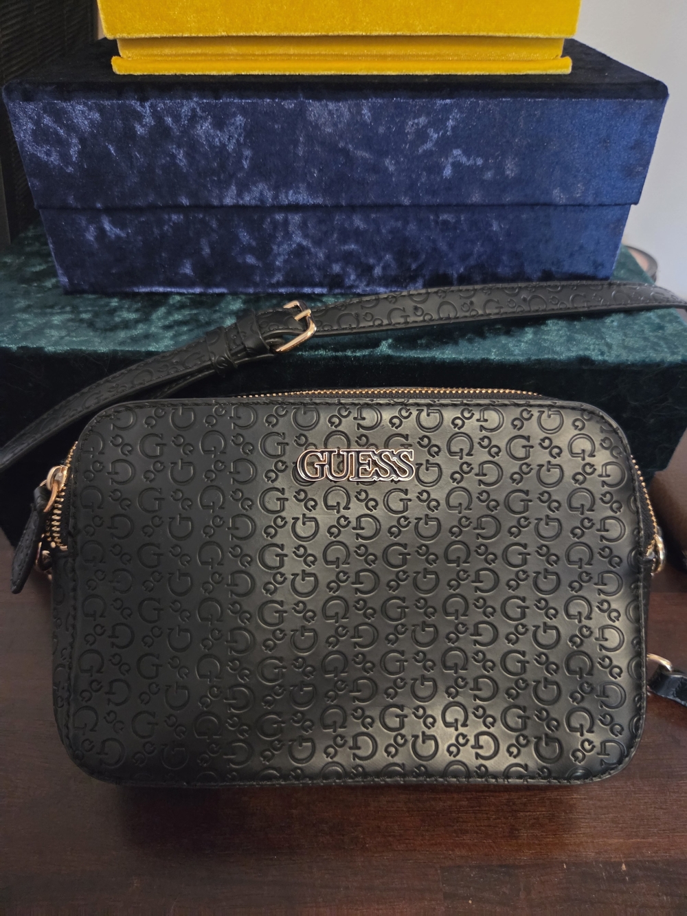 GUESS Black Embossed Logo Crossbody with Rose Gold Hardware